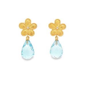 Daisy Earrings with Blue Topaz and Diamonds in 18K Gold