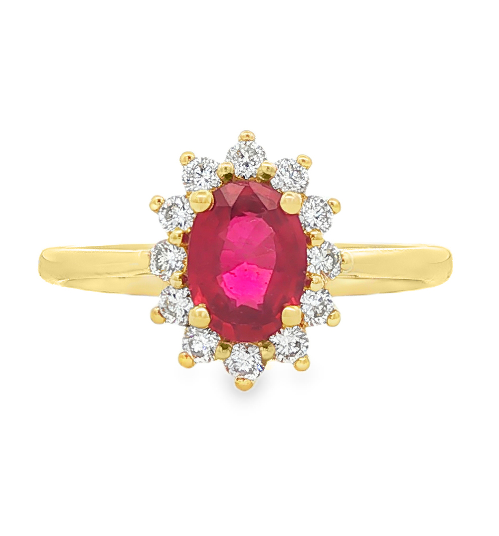 Oval-Cut Ruby and Diamond Halo Ring in 18K Gold