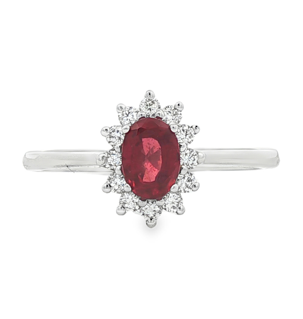 Oval-Cut Ruby and Diamond Halo Ring in 18K White Gold