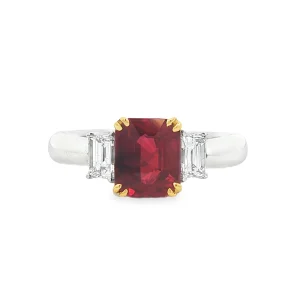 Emerald-Cut Ruby Ring with Diamond Side Stones in Platinum