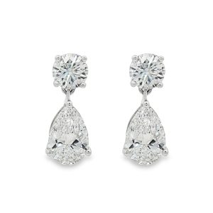 Dangling earrings with round and pear lab grown diamonds in 18k white gold