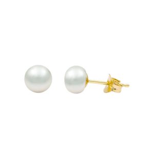 5.5-6mm White Button Biwa Pearl Stud Earrings in 14K Gold