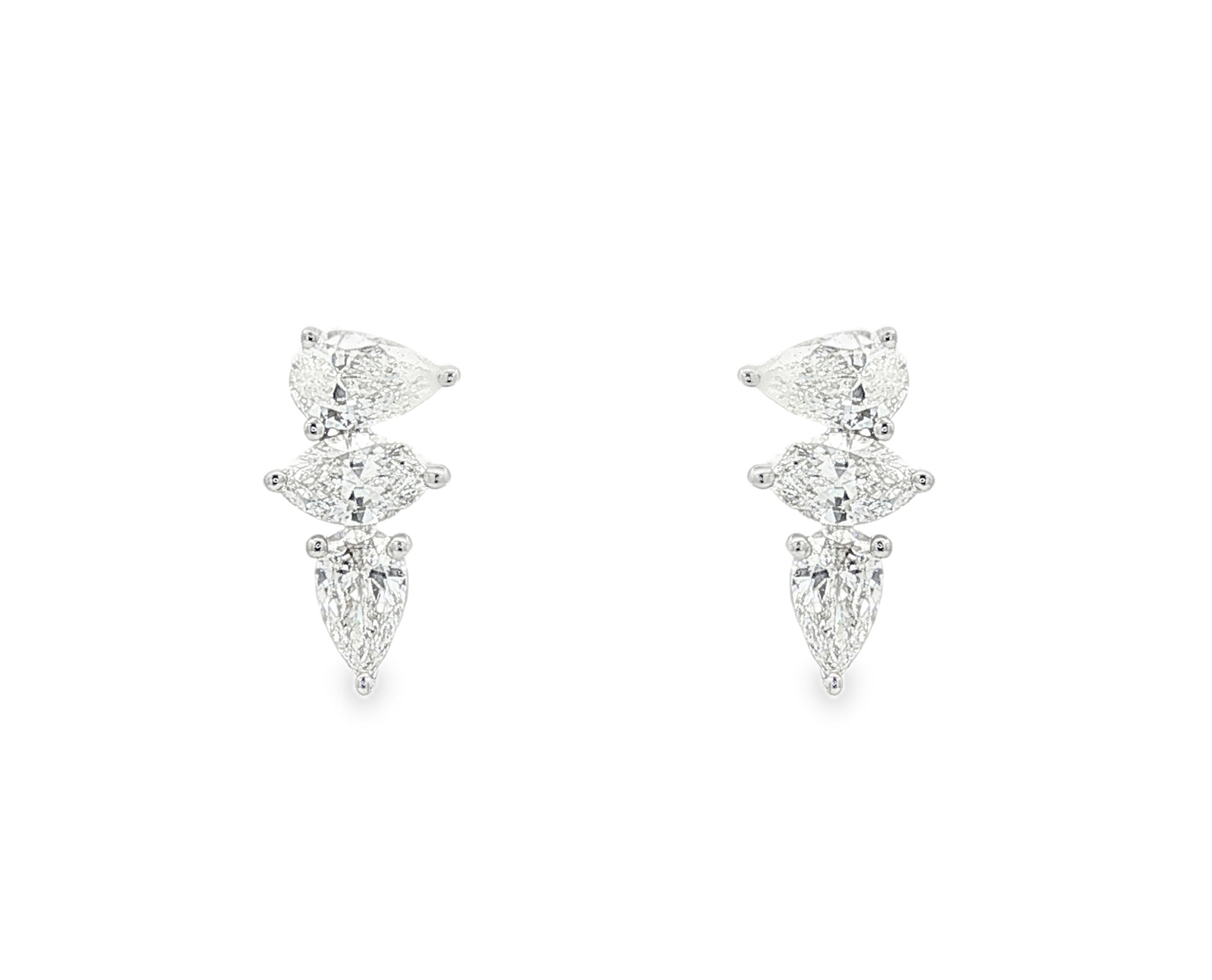 Vertical stud earrings with marquise and pear cut natural diamonds in 18k white gold