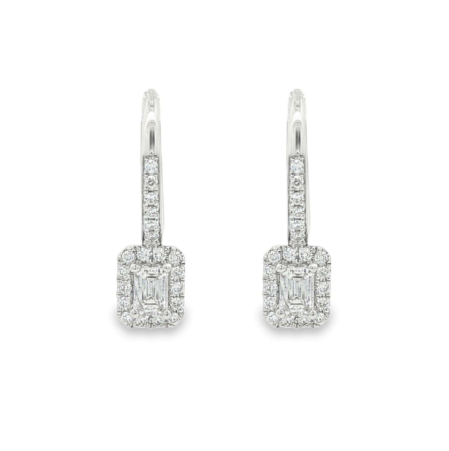 Halo Hoop Earrings with Emerald Cut Diamonds in 18K White Gold
