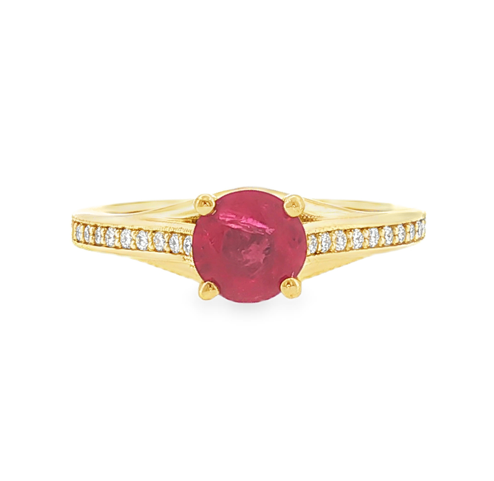 Round-Cut Ruby and Diamond Ring in 18K Yellow Gold