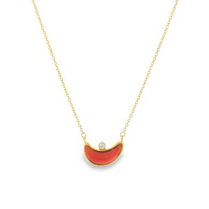 Crescent Moon Coral and Diamond Necklace in 18k yellow gold