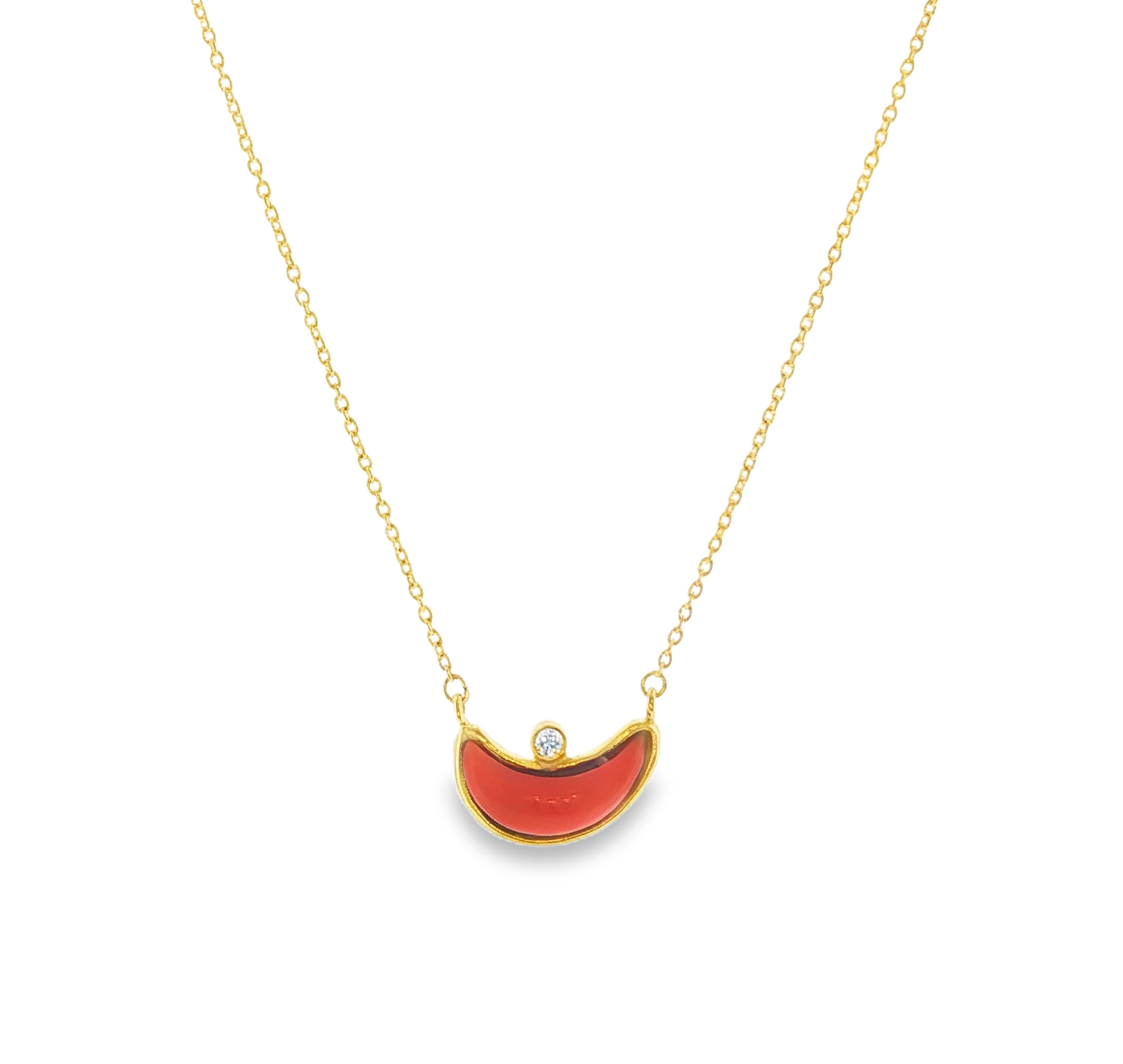 Crescent Moon Coral and Diamond Necklace in 18k yellow gold