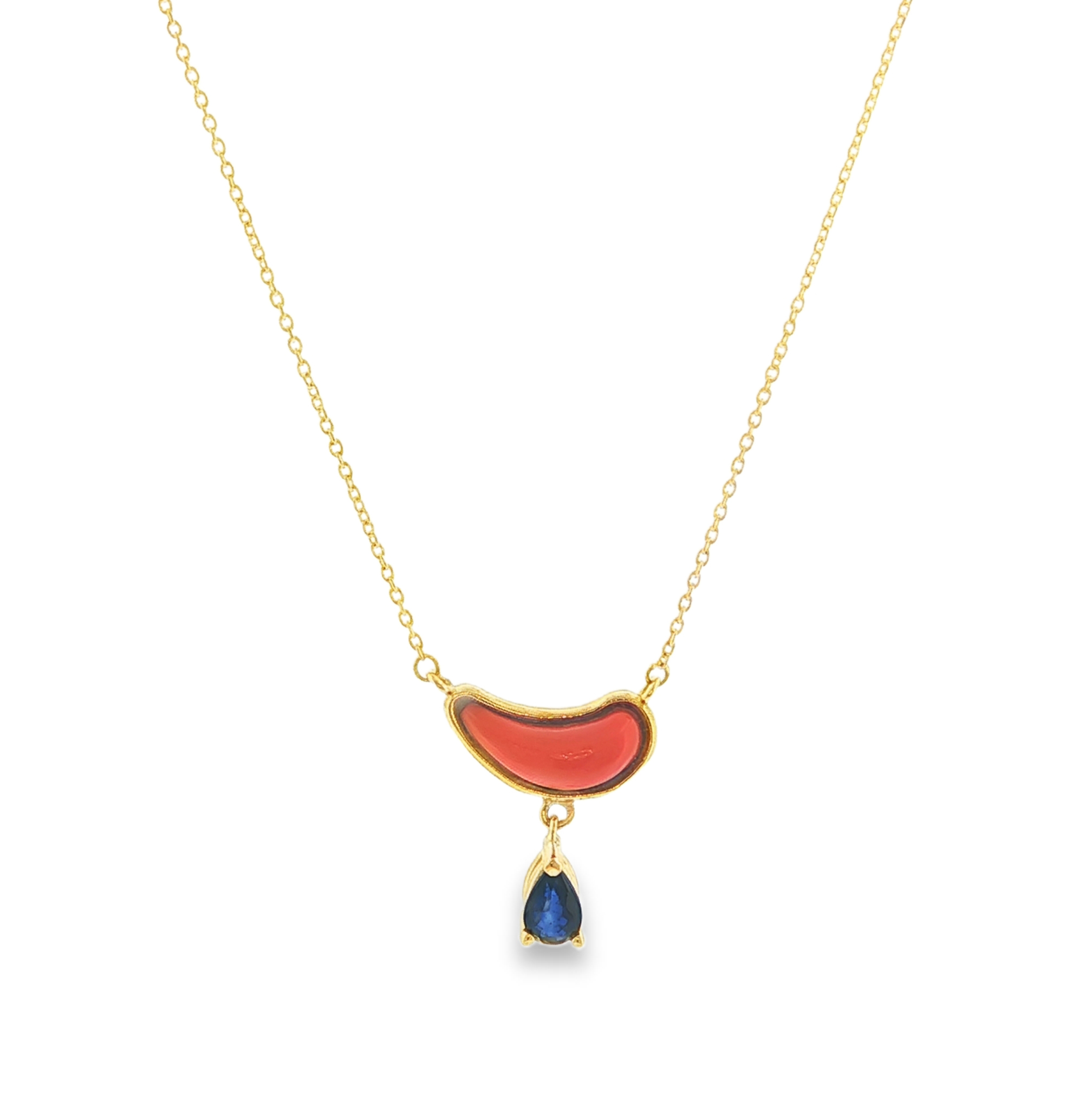 Coral and Sapphire necklace in 18k yellow gold
