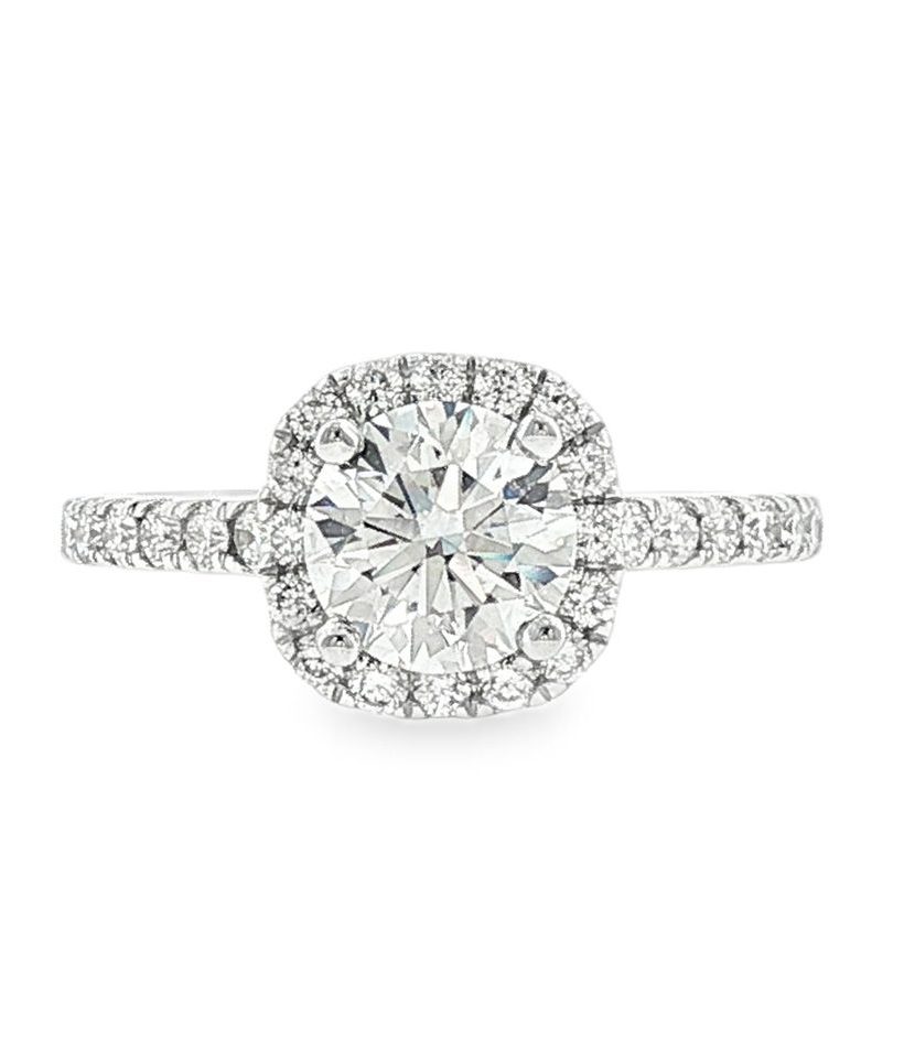 Round Halo Lab-Grown Diamond Engagement Ring with Side Stones in 18K White Gold
