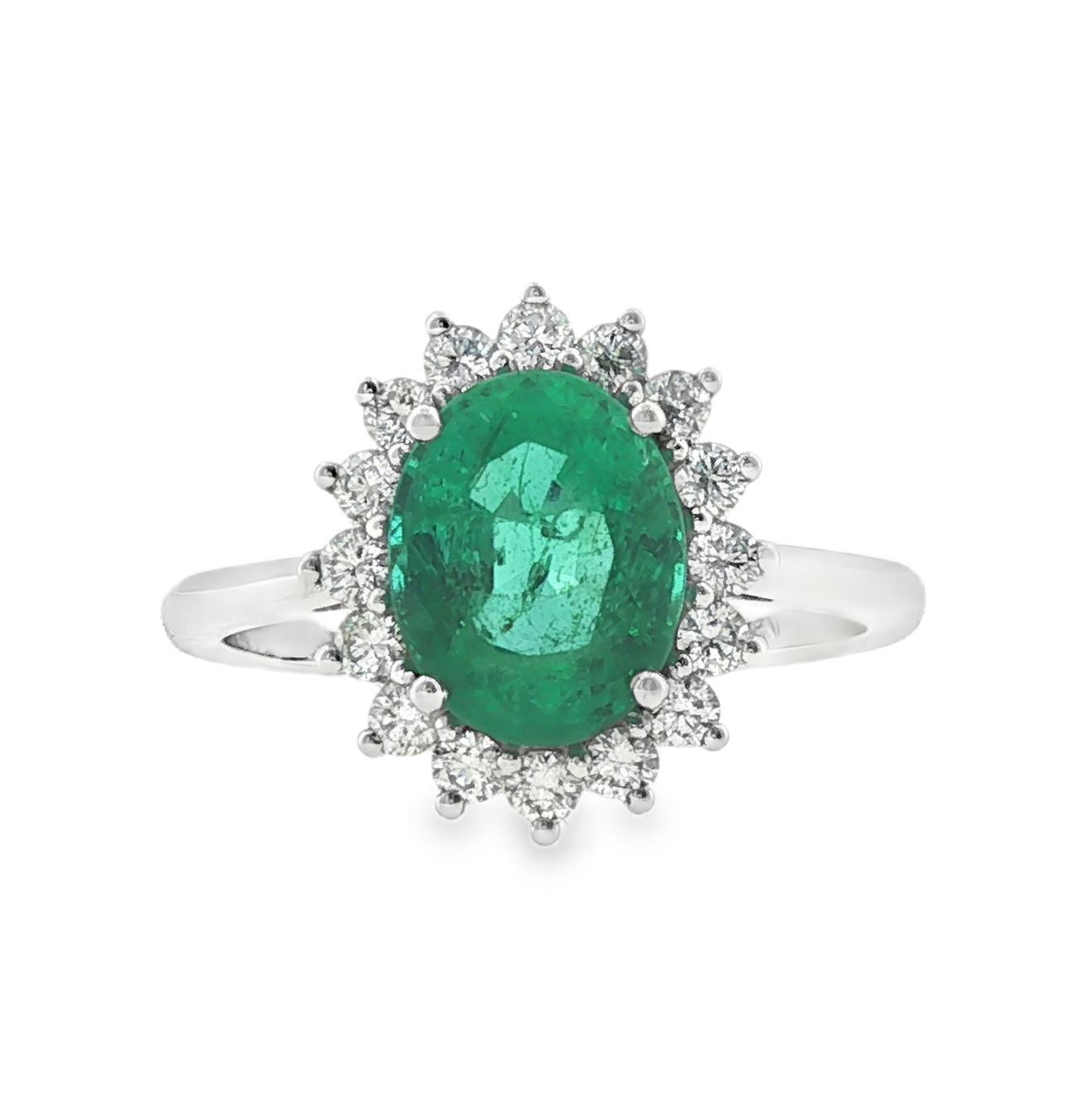 Oval Emerald Halo Ring with Diamonds 18k White Gold