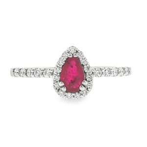 Halo Ring with Pear Cut Ruby and Diamond Band in 18K White Gold