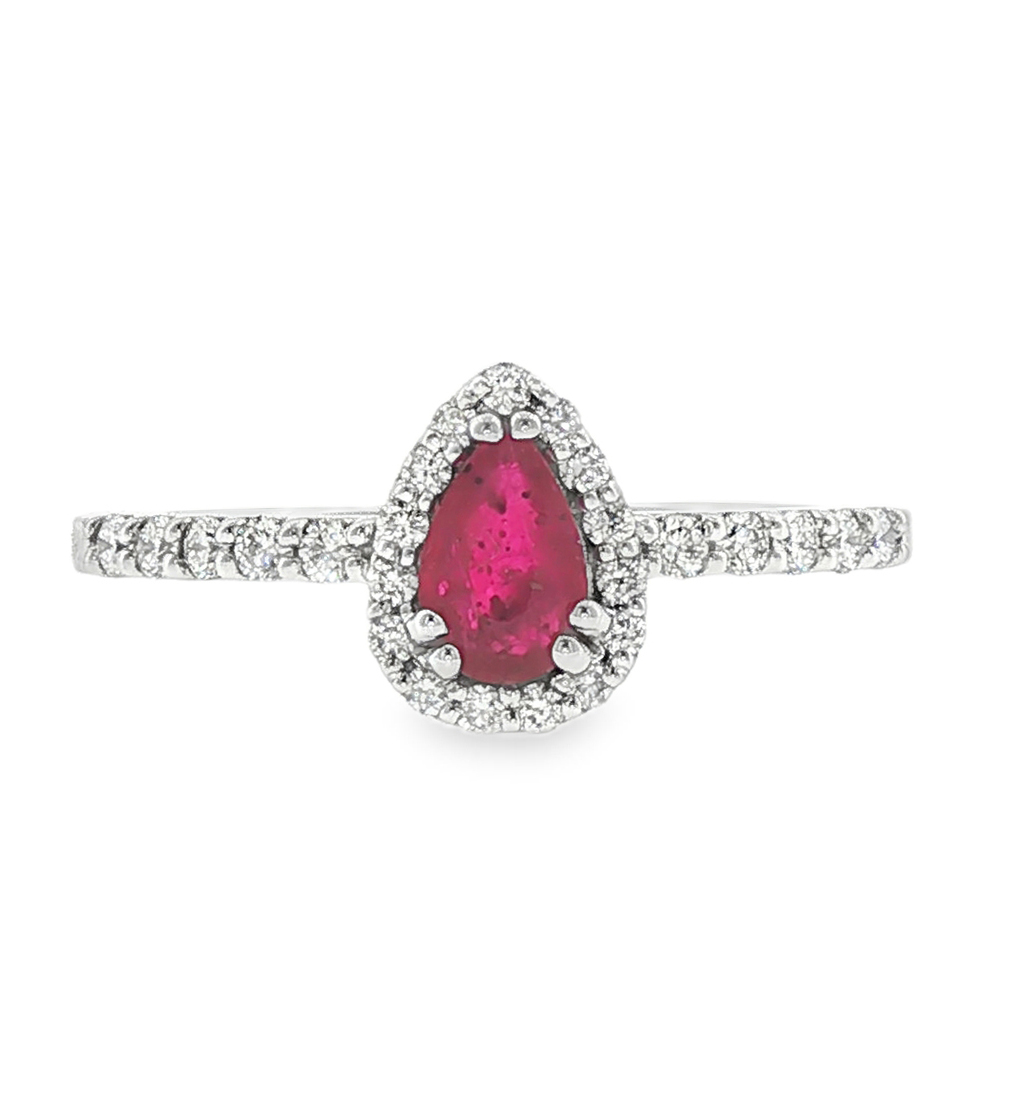 Halo Ring with Pear Cut Ruby and Diamond Band in 18K White Gold