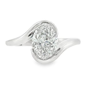 Swirl solitaire engagement ring with oval lab grown diamond in 18k white gold
