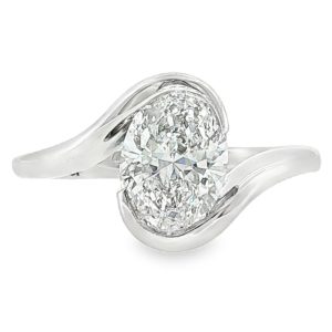 Swirl solitaire engagement ring with oval lab grown diamond in 18k white gold