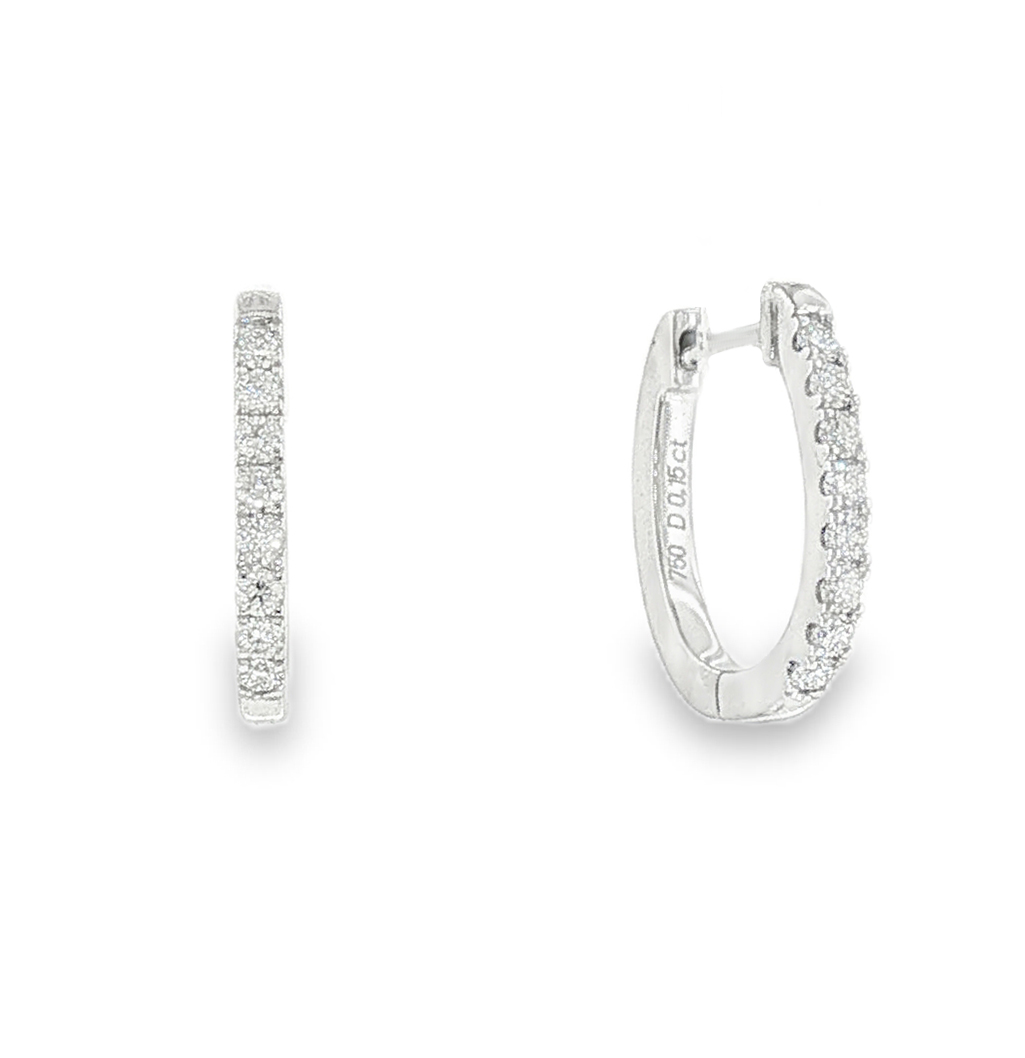 Small Diamond Oval Hoop Earrings in 18K White Gold